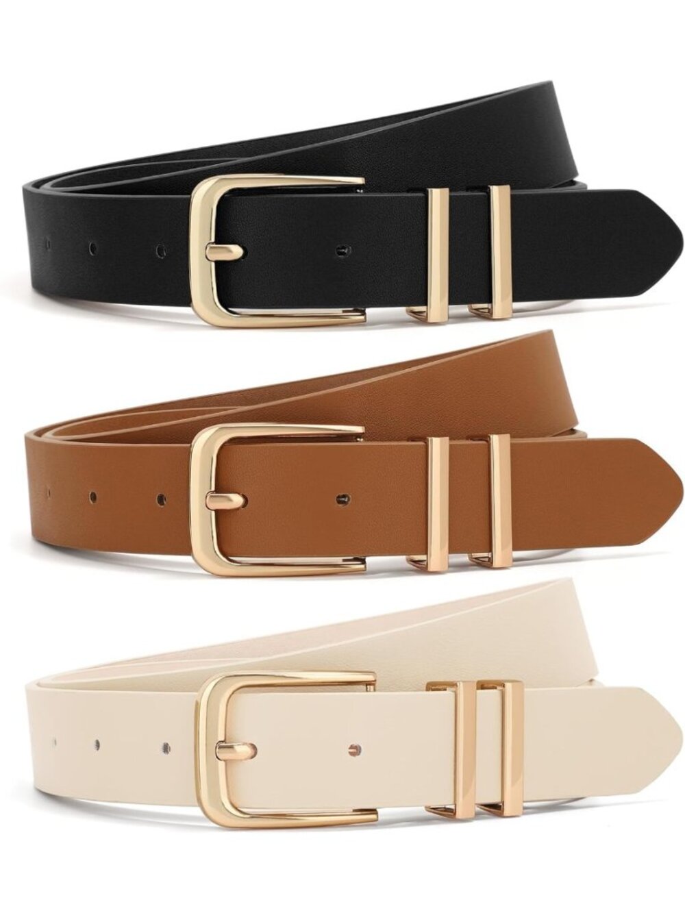 3 Pack Women's Leather Belts for Jeans & Dresses - Stylish Gold Buckle Waist